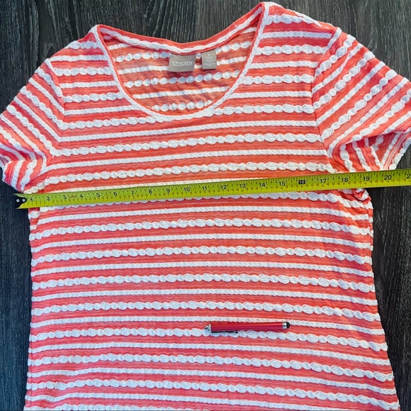 CHICOS Short Sleeve Striped top, White w/coral stripes  Size 1 ( Medium) - Picture 4 of 9